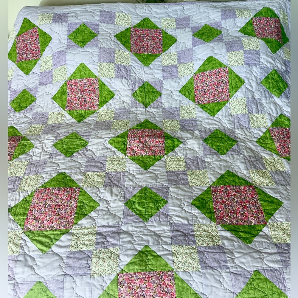 Queen Size Pieced Quilt Purple Green Pink for Home Dec or Crafting